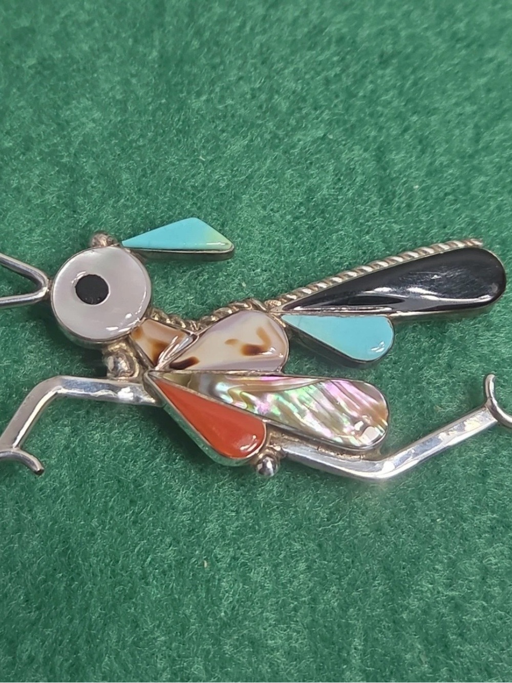 Zuni inlay turquoise coral MOP Roadrunner brooch -signed